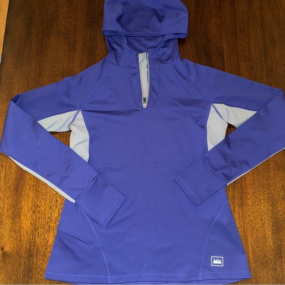 REI Quarter Zip Baselayer Top Long Sleeve Hood Size Small Thumb Holes